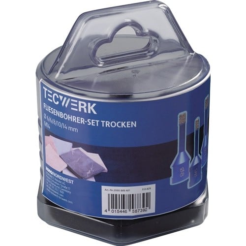 TECWERK Diamant-Fliesenbohrer SET SANITÄR D.6 mm/6 mm/8 mm/10 mm/14mm L.63,5mm 5-tlg.TW