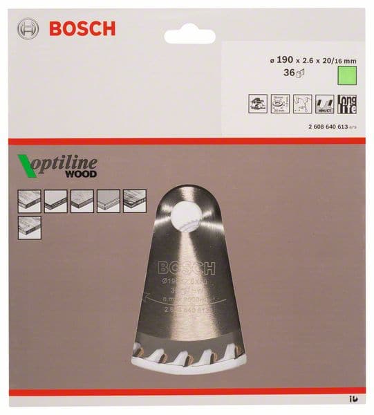 BOSCH Kreissägeblatt Optiline Wood für Handkreissägen, 190 x 20/16 x 2,6 mm, 36