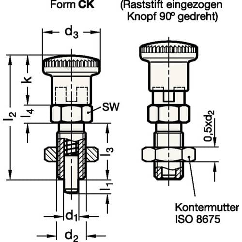 GANTER Rastbolzen GN 817 d1 10mm d2 M16 x 1,5mm l1 12mm Stahl,o.Rastsperre,m.Kontermut.