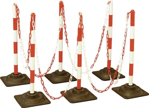 Nordwest Sperrpfostenset PE/PVC rot/weiß m.Hartgummifuß D40xH860mm 6 Warnstäbe,10m Kette