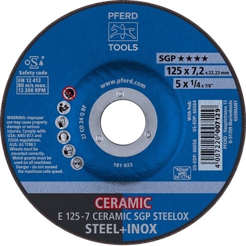 PFERD TOOLS Schruppscheibe CERAMIC SGP STEELOX D125xS7mm gekr.STA Bohr.22,23mm PFERD