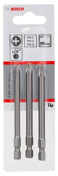 BOSCH Schrauberbit-Set Extra-Hart, 3-teilig, PH1, PH2, PH3, 89 mm