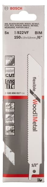 BOSCH Säbelsägeblatt S 922 VF, Flexible for Wood and Metal, 5er-Pack