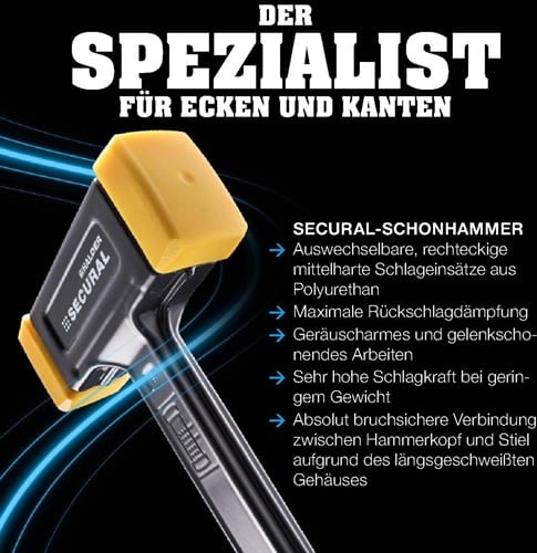 HALDER Schonhammer SECURAL L.310mm Kopf-D.35x45mm rückschlagfrei mittelh.PU gelb HALDER