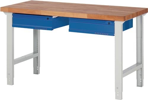Werkbank Ser.BK 650 B1500xT700xH790-1140mm Buche massiv grau/blau 2 Schubl.TW