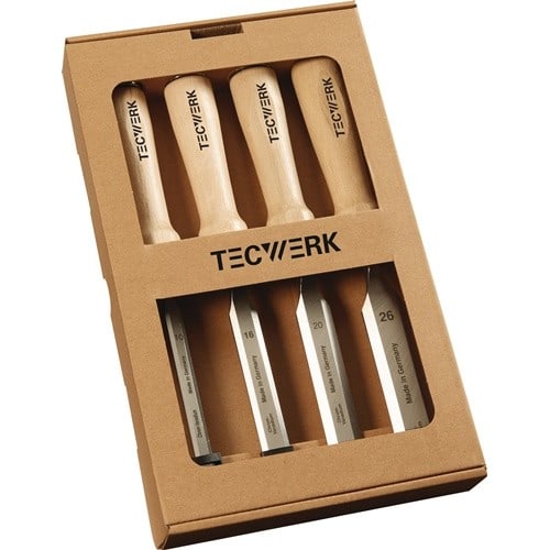 TECWERK Stechbeitelsatz 10,16,20,26mm Weißbuchenh.Ulmer Form 4-tlg.Fensterkarton TECWERK