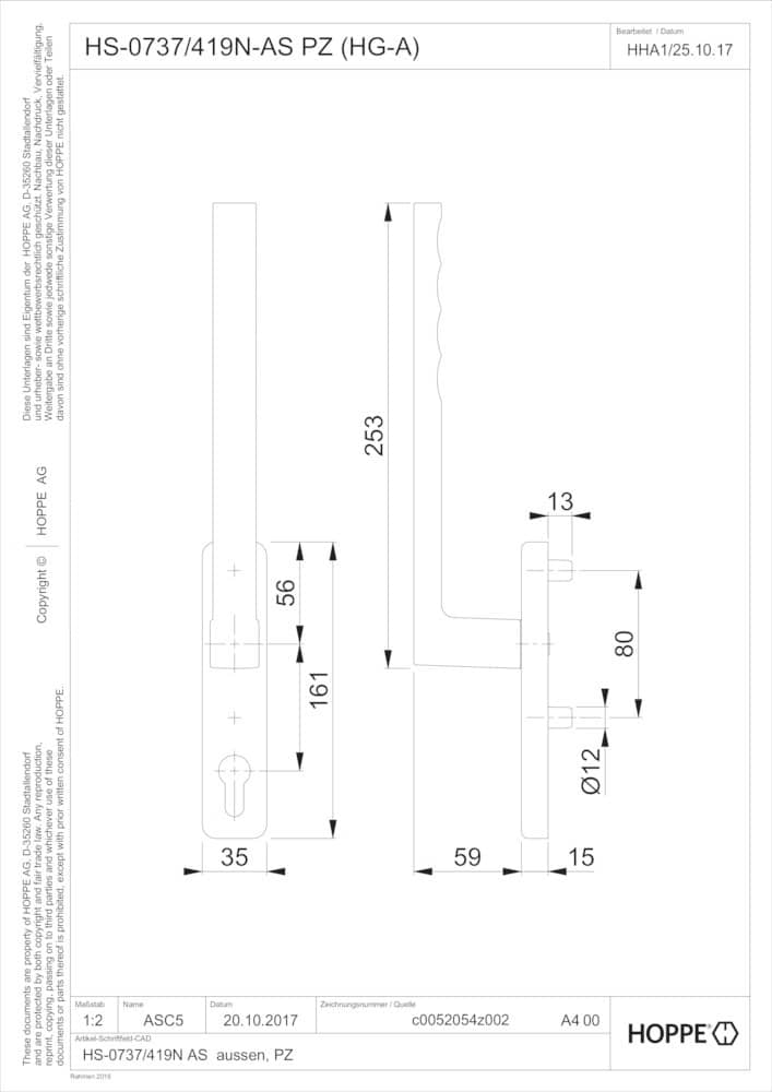 HOPPE® Handhebelgarnitur Toulon HS-0737/419N-AS, ohne Schrauben, Aluminium, 11668994