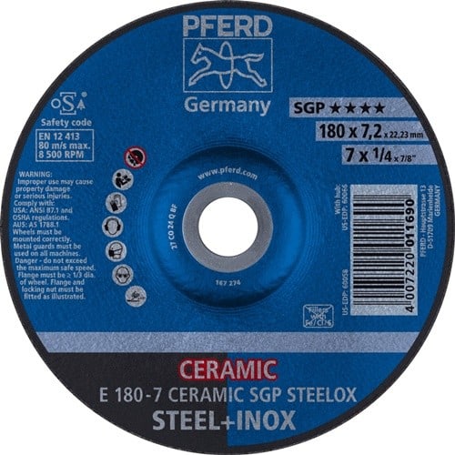 PFERD TOOLS Schruppscheibe CERAMIC SGP STEELOX D180xS7mm gekr.STA Bohr.22,23mm PFERD