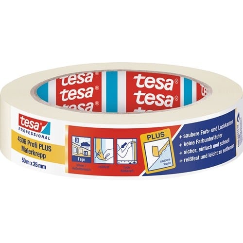 TESA Malerkreppband 4306 Profi PLUS leicht gekreppt hellbeige L.50m B.25mm Rl.TESA