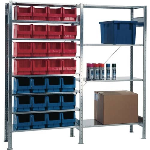 TECWERK Steckregal H2000xB1000xT400mm Anbauregal 8 Stahlböden 12xMK3 blau,16xMK3 rot TW