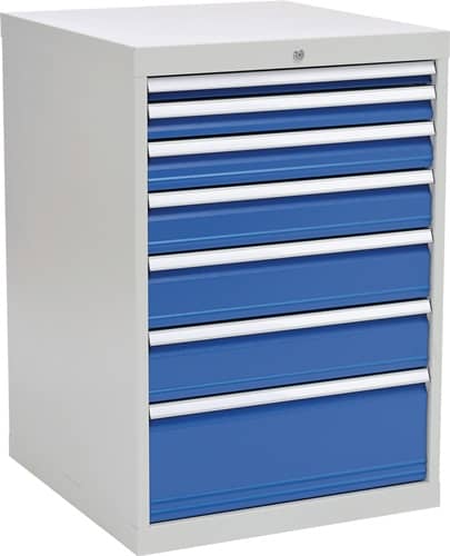 BEDRUNKA+HIRTH Schubladenschrank H1019xB705xT736mm lichtgrau/signalblau 7 Schubl.Voll.Bedrunka