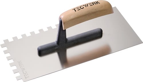 TECWERK Glättekelle L.280mm B.130mm Zahn 10x10 rostfr.H-Heft VA S.0,7mm TECWERK