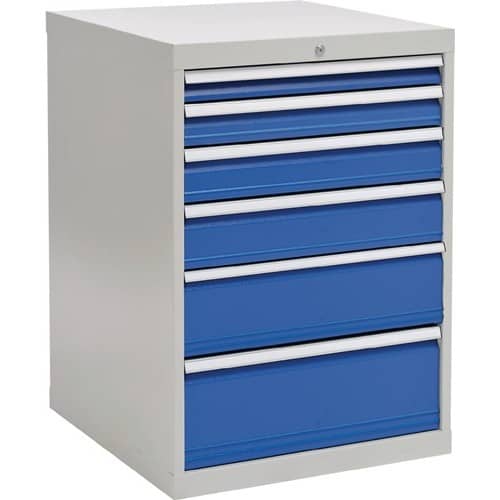 BEDRUNKA+HIRTH Schubladenschrank H1019xB705xT736mm lichtgrau/signalblau 6 Schubl.Voll.Bedrunka