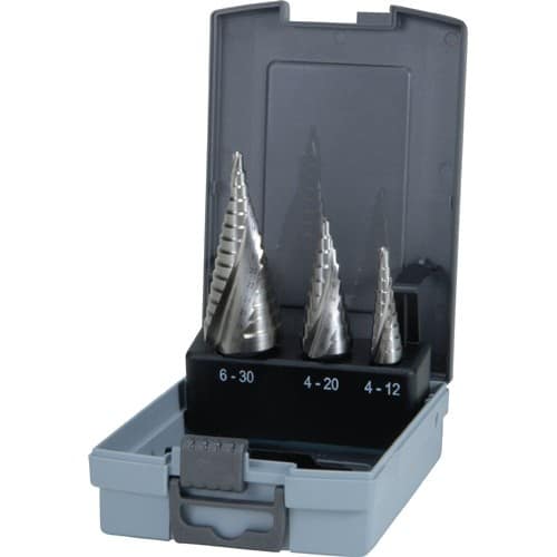 RUKO Stufenbohrersatz D.4-12/4-20/4-30mm HSS-Co5 Spiralnut 3tlg.Ku.-Kass.RUKO