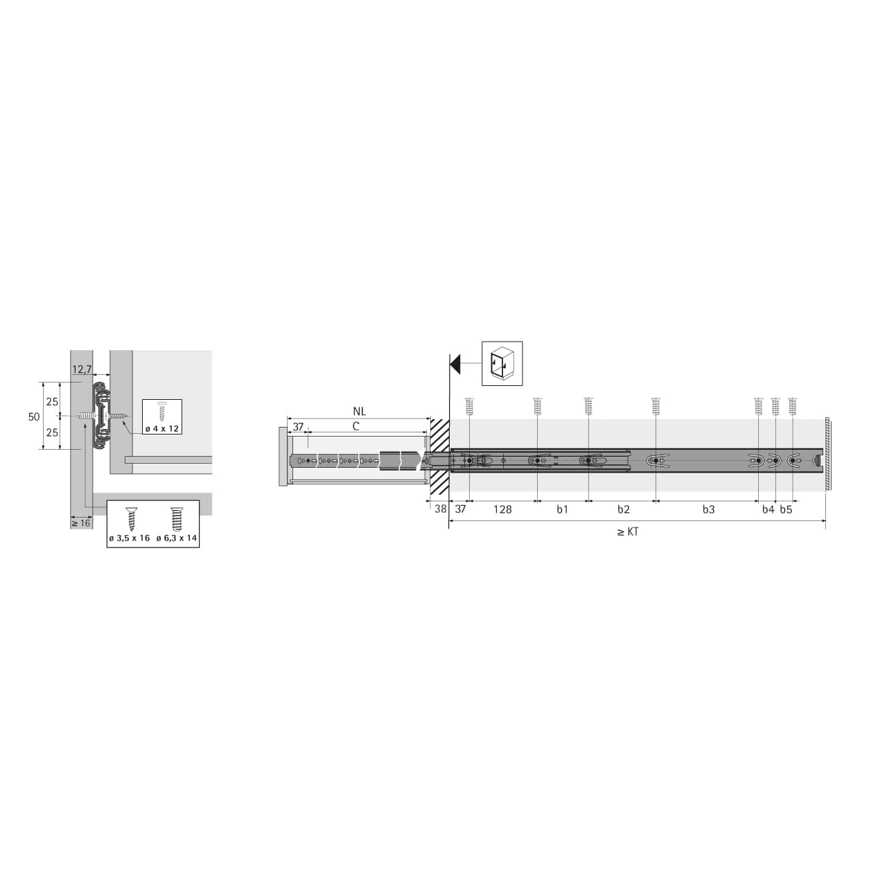 HETTICH Kugelauszug KA 4932, 12,7 mm Einbaubreite, 300 mm, 41357