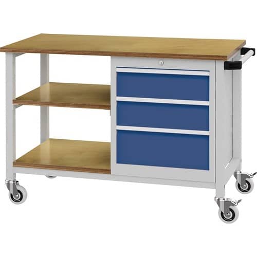 Werkbank B1200xT540xH880mm Buche Multiplex lichtgrau/signalblau 3 Schubl.