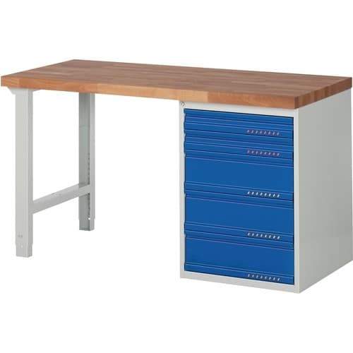Werkbank Ser.BK 650 B1500xT700xH840mm Buche massiv grau/blau 5 Schubl.TECWERK