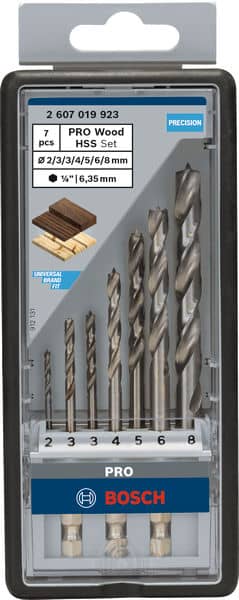 BOSCH Holzspiralbohrer-Set Robust Line, 1/4 Zoll-Sechskantschaft, 7-teilig, 2 - 8 mm