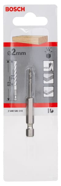 BOSCH Holzspiralbohrer mit 1/4 Zoll-Sechskantschaft, 2 x 24 x 62 mm