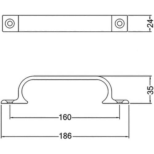 HERMETA Handgriff A.35mm L.186mm B.24mm Alu.silberf.elox.Löcher 2,D.5,3mm HERMETA