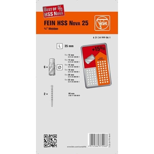 FEIN Kernbohrersatz Best Of 8-tlg.D.12-22mm HSS Schnitt-T.25mm Weldon FEIN
