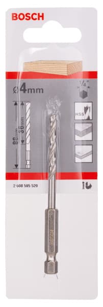 BOSCH Holzspiralbohrer mit 1/4 Zoll-Sechskantschaft, 4 x 43 x 88 mm