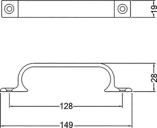 HERMETA Handgriff A.28mm L.149mm B.19mm Alu.silberf.elox.Löcher 2,D.4,3mm HERMETA