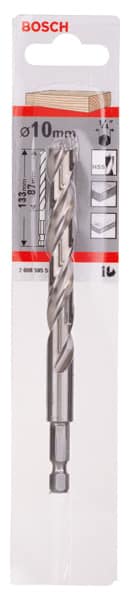 BOSCH Holzspiralbohrer mit 1/4 Zoll-Sechskantschaft, 10 x 87 x 133 mm