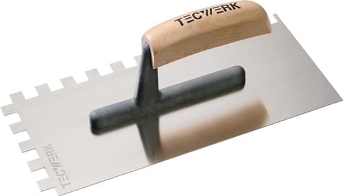 TECWERK Glättekelle L.280mm B.130mm Zahn 12x12 rostfr.H-Heft VA S.0,7mm TECWERK
