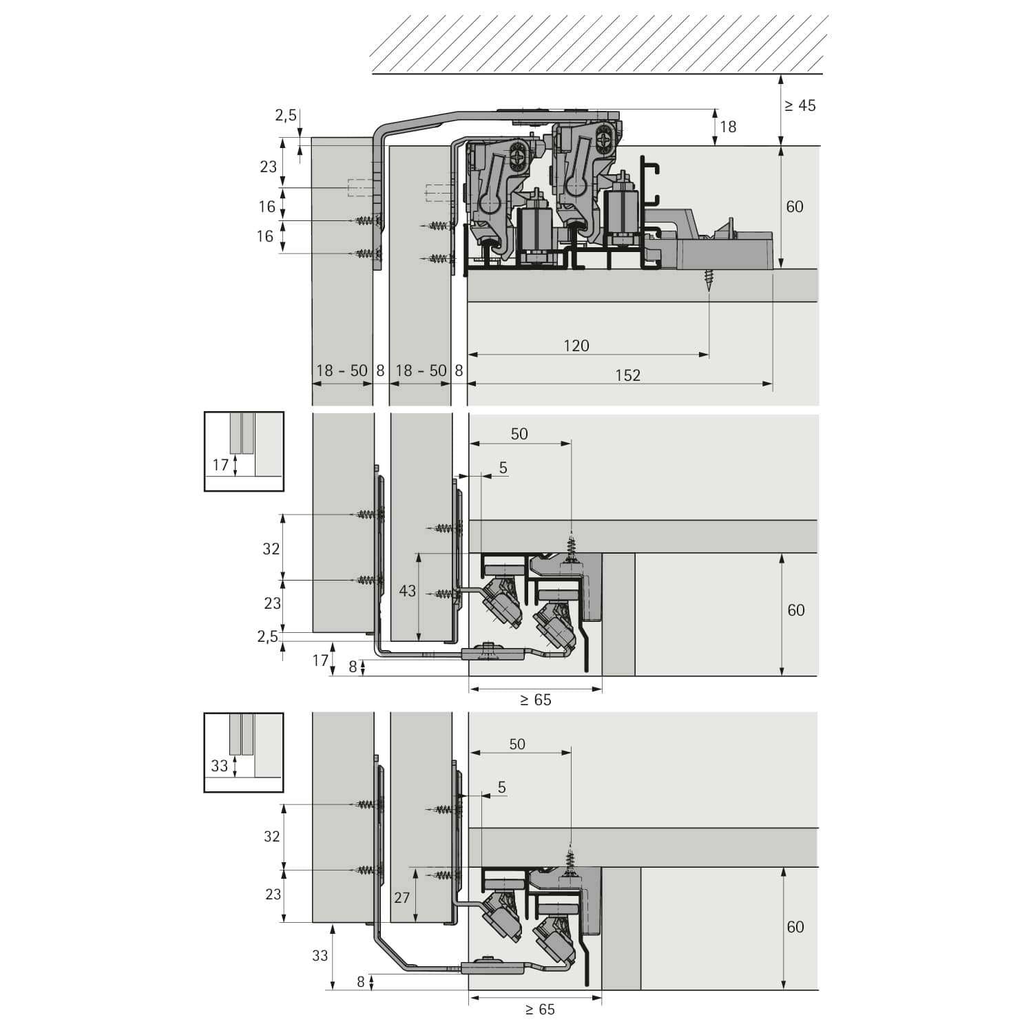 HETTICH TopLine XL, Set Lauf- und Führungsteile, STB 19, 17 mm , 32 - 40 mm, 100 kg, 3-türig, 9275783