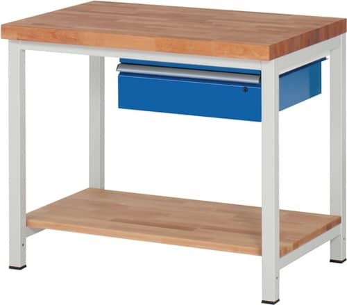 RAU Werkbank Classic B1000xT700xH840mm Buche massiv lichtgrau enzianblau 1Schubl.1BD