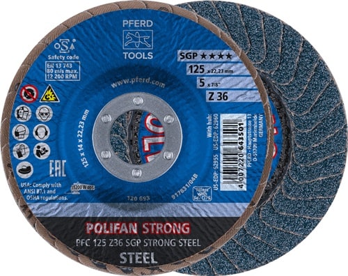 PFERD TOOLS Fächerscheibe POLIFAN Z SGP STRONG STEEL D.125mm K.36 kon.INOX ZK PFERD