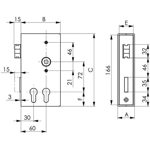 AMF Schlosskasten 140D-PZ DIN L/R Maß A40xB94,5xC173mm Dornm.30/60mm AMF
