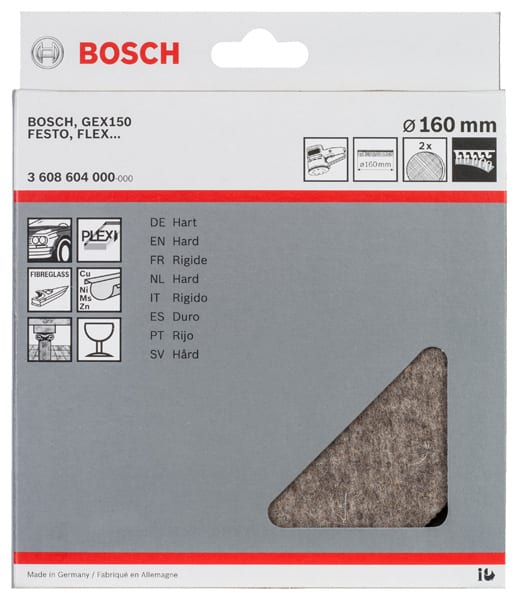BOSCH Polierfilz für Exzenterschleifer, hart, Klett, 160 mm, 2er-Pack
