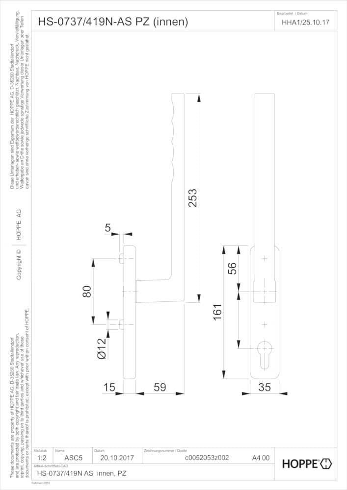 HOPPE® Handhebelgarnitur Toulon HS-0737/419N-AS, ohne Schrauben, Aluminium, 11598669