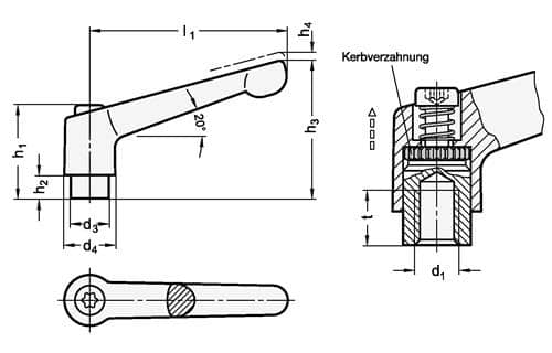 GANTER Verstellbarer Klemmhebel GN 300 d1 M 12mm l1 92mm l2 40mm AG GANTER