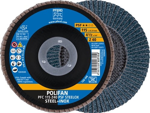 PFERD TOOLS Fächerscheibe POLIFAN Z PSF STEELOX D.115mm K.40 kon.STA/INOX ZK PFERD