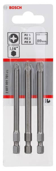 BOSCH Schrauberbit-Set Extra-Hart, 3-teilig, PZ1, PZ2, PZ3, 89 mm