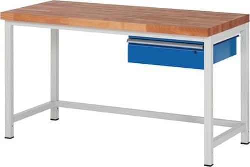 RAU Werkbank Classic B1500xT700xH840mm Buche massiv lichtgrau enzianblau Schubl.1