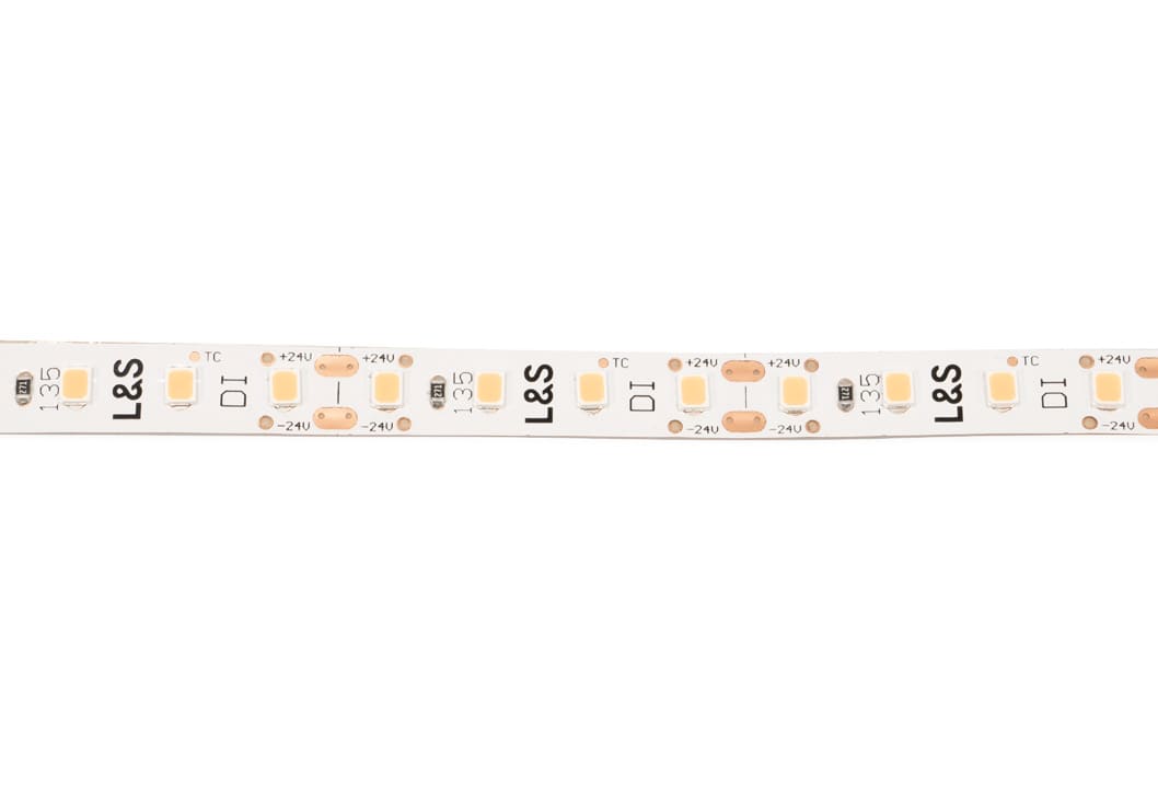 L&S LED-Band HE 200LEDs/m (2835), 2700K, 4 LEDs/20mm, 24DC, 11,5W/m, 8mmx5m, 2x Anschlussltg. 2000mm, white PCB, IP20