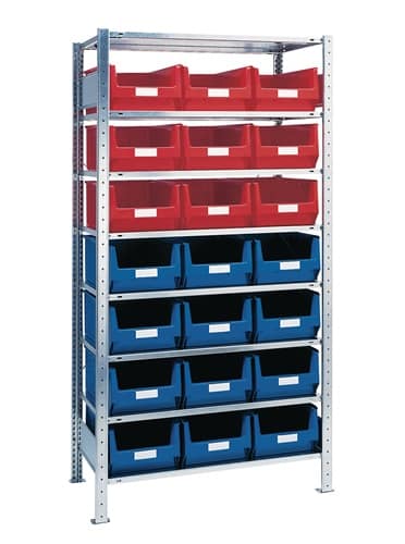 TECWERK Steckregal H2000xB1000xT500mm Grundregal 8 Stahlböden 12xMK2 blau,9xMK2 rot TW