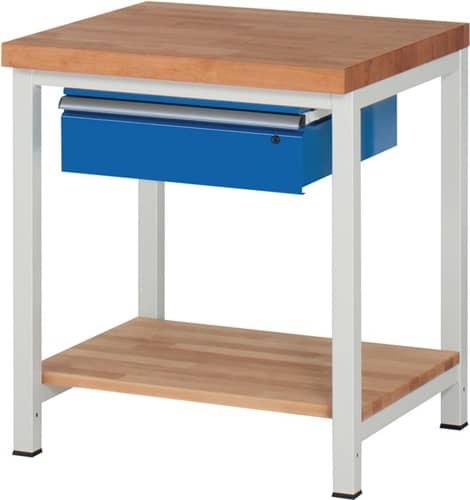 RAU Werkbank Classic B750xT900xH840mm Buche massiv lichtgrau enzianblau Schubl.1