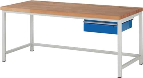 RAU Werkbank Classic B2000xT900xH840mm Buche massiv lichtgrau enzianblau Schubl.1