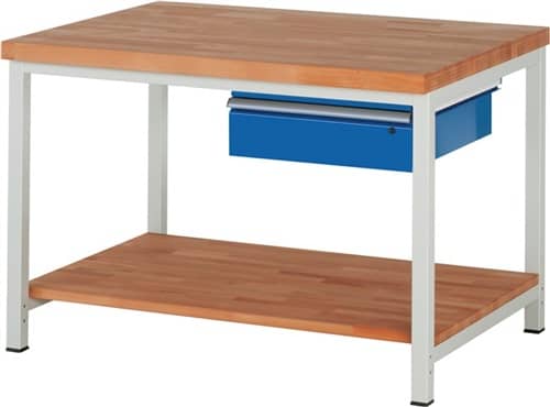 RAU Werkbank Classic B1250xT900xH840mm Buche massiv lichtgrau enzianblau 1Schubl.1BD