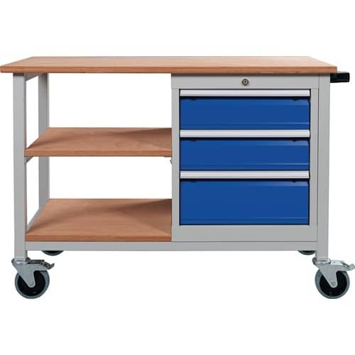 Werkbank B1200xT540xH880mm Buche Multiplex lichtgrau/signalblau 3 Schubl.