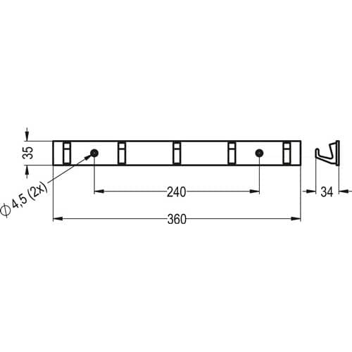 HERMETA Handtuchhakenleiste 5 Hak.H.35mm L.360mm Alu.silberf.elox.A.33,5mm HERMETA