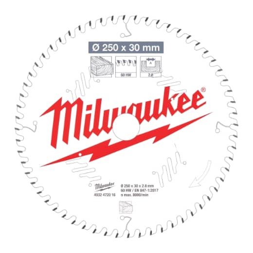 MILWAUKEE 250/30 mm Z60 Wechselzahn Sägeblatt Holz für Kapp- und Gehrungssägen