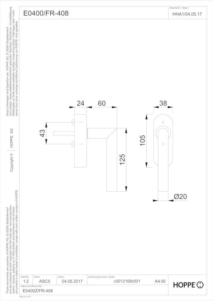 HOPPE® Fenstergriff mit Funk Amsterdam E0400/FR-408, Edelstahl, 11628224