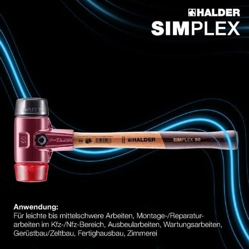 HALDER Schonhammer SIMPLEX L.300mm Kopf-Ø 30mm mittelh./hart HO Gum.schw./Plastik rot