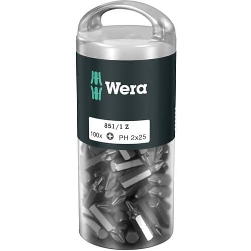 WERA Bitgroßpackung 851/1 Z 1/4 Zoll PH 2 L.25mm DIN ISO 1173,Form C 6,3 100St./Box